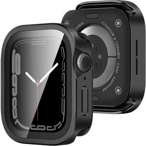 Amizee Metal Case Compatible with Apple Watch SE 3/2/1 Series 6/5/4 44mm Case with Built-in Screen Protector, Straight Edge Ultra Thin with Back Cover Protective Cover for iWatch 44mm, Black