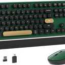 Colorful Wireless Computer Keyboard and Mouse Combo with Round Typewriter Keycaps, Retro Design, Power Switch, Ergonomic Design, 2.4GHz Wireless for Windows, Mac, PC(Dark Green)
