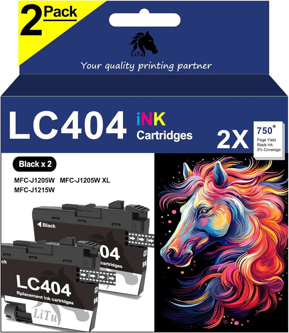 2-Pack LC404 Black Ink Cartridges for Brother LC404BK LC404XL, Compatible with Brother MFC-J1205W MFC-J1205WXL MFC-J1215W Printer