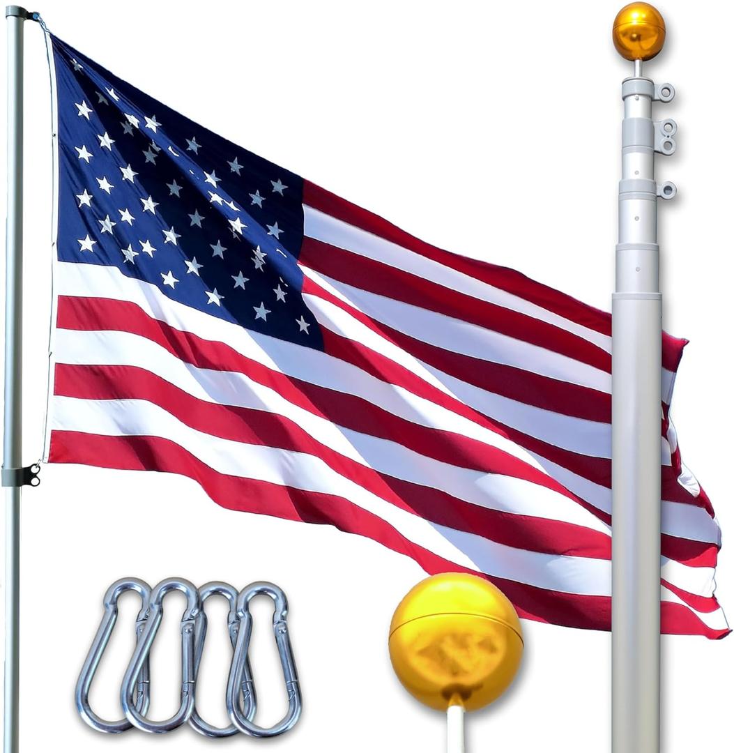 Service First Silver 20FT Telescoping Flagpole Kit for Outside House In Ground - Anti Tangle Swivel Ring Design - 100MPH Wind Tested