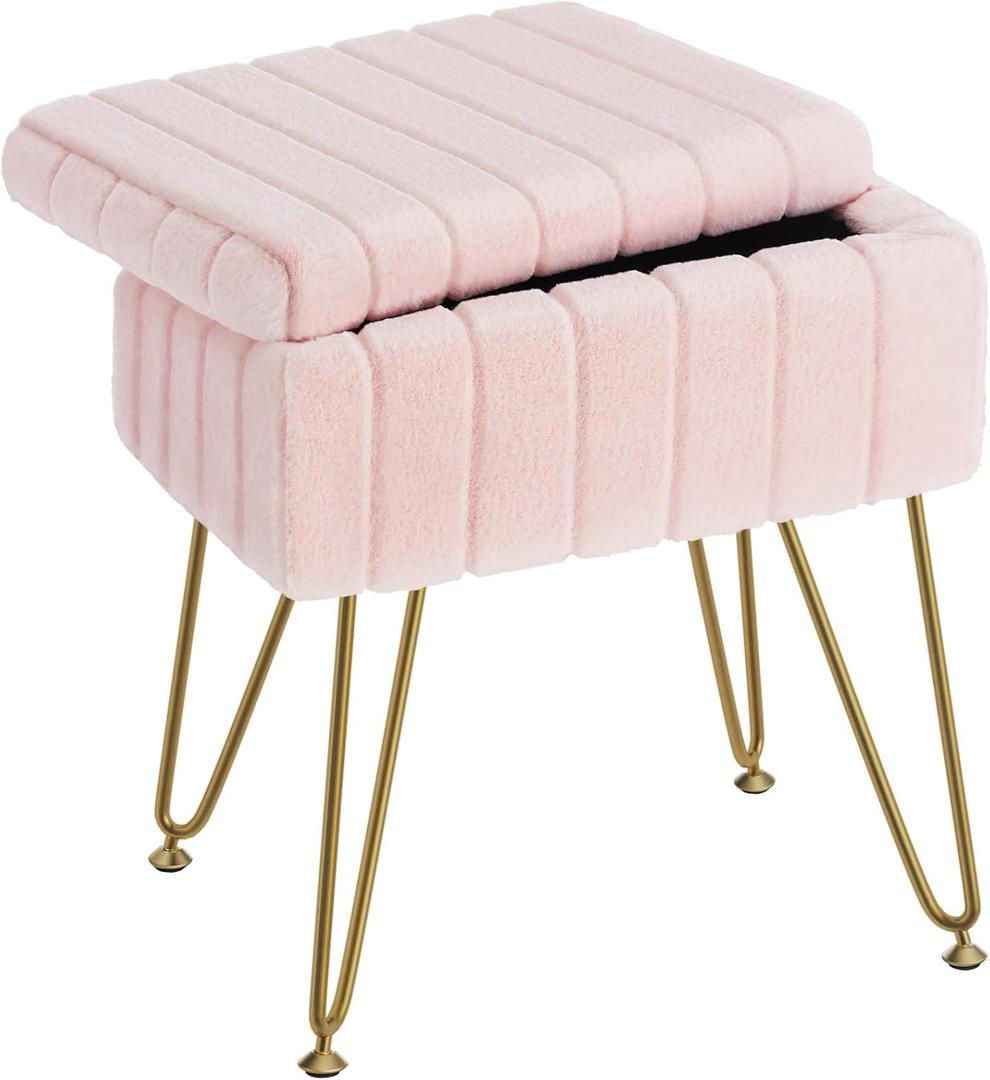 Greenstell Vanity Stool Chair Faux Fur with Storage, 15.7"L x 11.8"W x 19.4"H Soft Ottoman 4 Metal Legs with Anti-Slip Feet, Furry Padded Seat, Modern Multifunctional Chairs for Makeup, Bedroom Pink