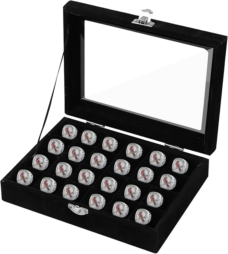 24 Slots Championship Ring Display Case, Sports Baseball Ring Display Case Box Flannel Baseball Ring Holder for Multiple Rings Championship Ring Box for Ring Display Sports Fan Souvenirs