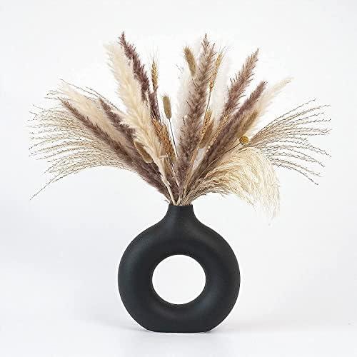 CEMABT Black Donut Vase Hollow Ceramic Vase for Flowers Handmade Minimalist Boho ins Style Modern Home Decor for Wedding Dinner Table Party Living Room Office Bedroom（M)