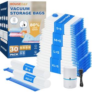 HOUSE DAY 30 Pack Vacuum Storage Bags with Electric Pump, 4 Sizes + 2 Roll-Up (5 Each), Space Saver Vacuum Seal Bags for Clothing, Bedding, Pillows, Travel  Airtight Seal, Reusable & Durable