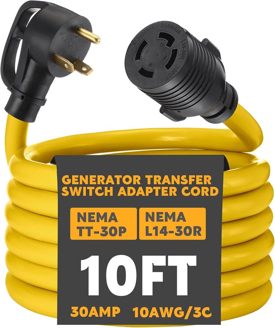Kanayu 10 ft NEMA TT-30P to L14-30R Generator Transfer Switch Adapter Cord, 30 Amp 3 Prong to 4 Prong Generator to House Inlet Box Adapter, STW 10 AWG, ETL Listed