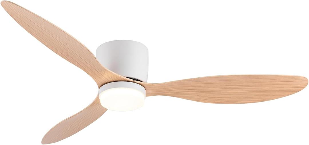 GESUM 52 Inch Ceiling Fan with Lights, Flush Mount Quiet Ceiling Fan with Remote Control, Reversible DC Motor, 6 Speeds for Indoor Outdoor (White Wood)