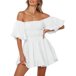Womens Off The Shoulder Summer Shorts - Dresses 2025 Short Lantern Sleeve Ruffle Elastic Waist A-Line Casual Mini Shorts Dress, 2XL,White