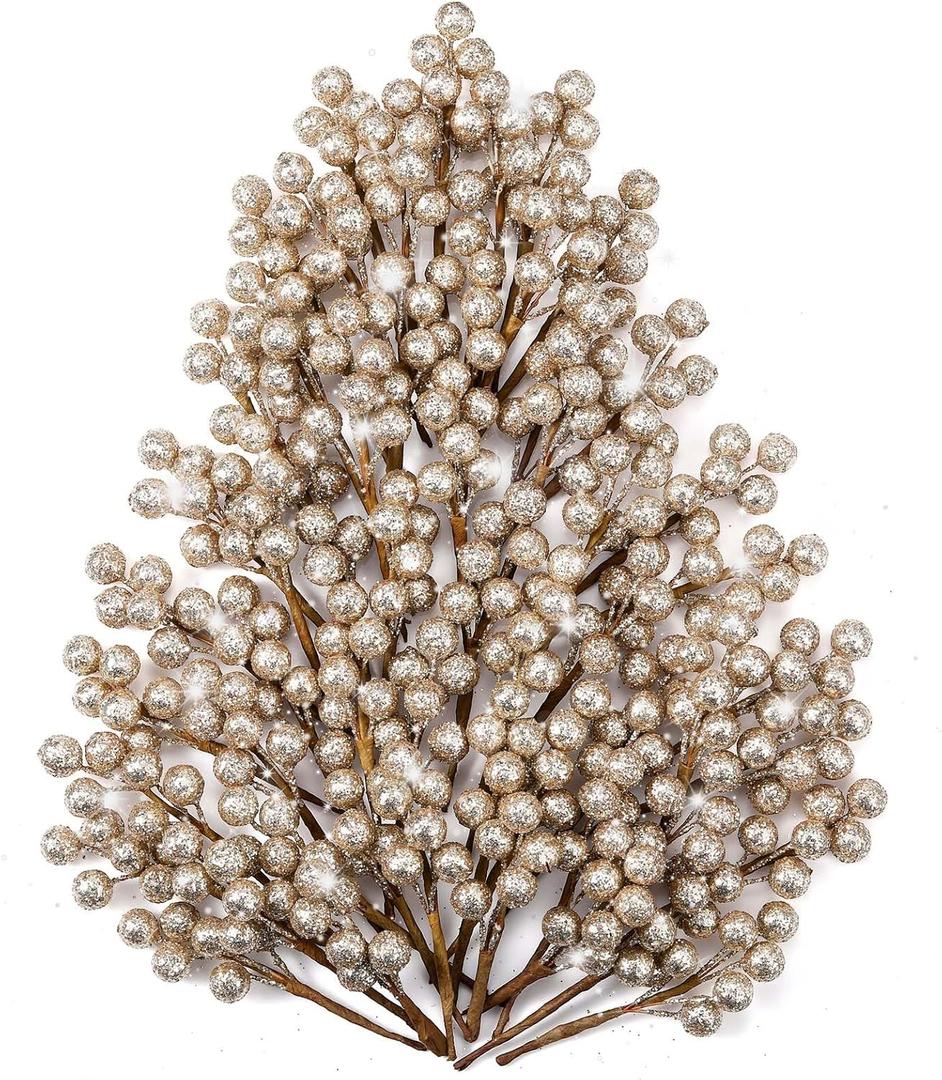 Tatuo 360 Pieces Artificial Holly Berries Christmas Winter Fake Berries Bunch Faux Cranberries Bunch on 60 Stems for Table Centerpiece(Champagne Gold,Sequin)