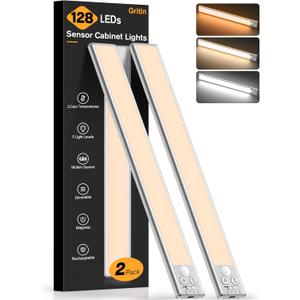 Gritin 14.7inch Under Cabinet Lighting Rechargeable 2 Pack- 3 Color Temps&5 Level Brightness, Super Bright, 4 Modes, Motion Sensor, Long Lasting - Easy Installation Magnetic Under Closet Lights-Silver