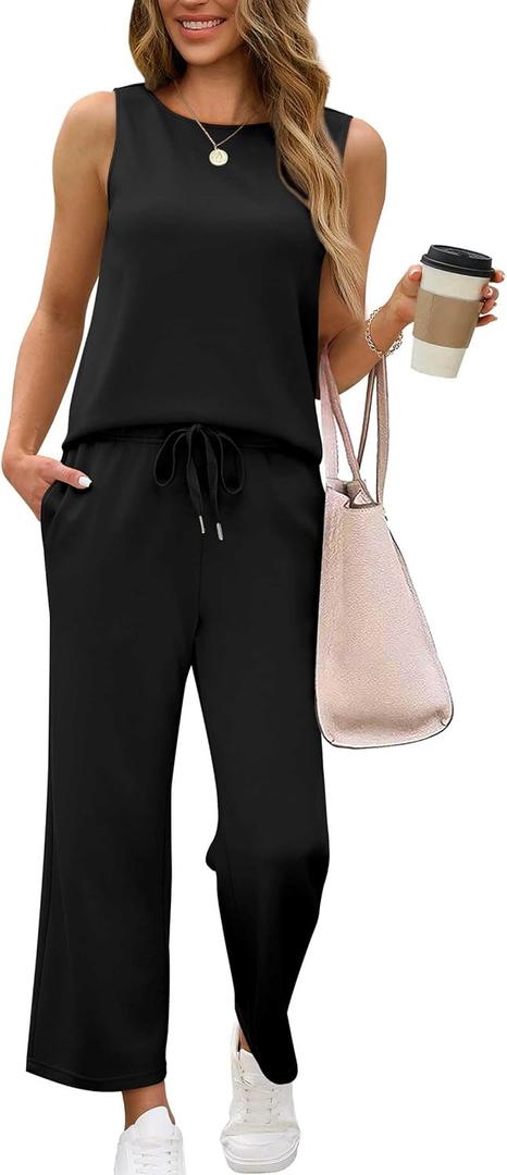 SAMPEEL Two Piece Sets for Women Summer Outfits Beach Vacation Clothes Wide Leg Crop Pants (Medium, Black)
