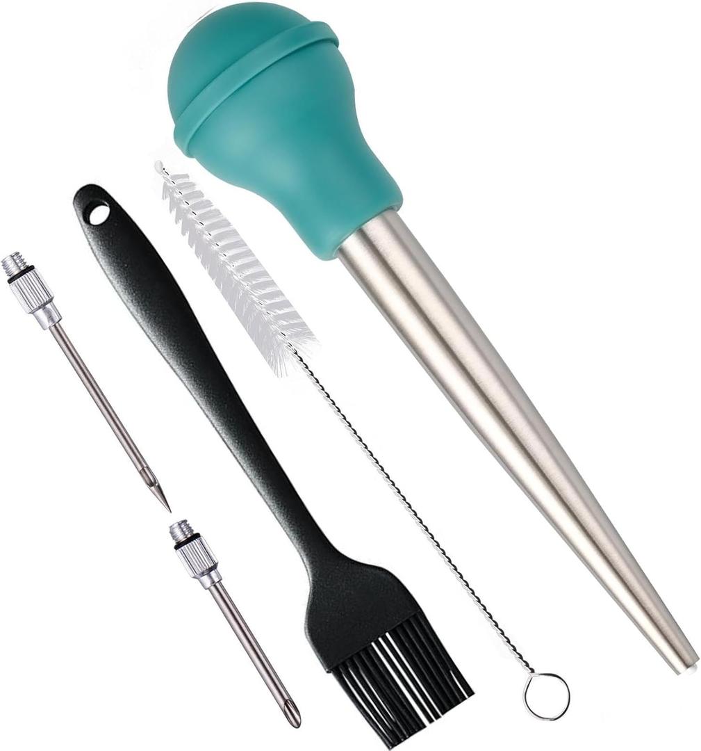 Smithcraft Turkey Baster, Stainless Steel Baster Syringe Meat Injector Baster Set with 2 Needles&2 Cleaning Basting Brush, 18/8 Steel Turkey Baster for Flavor Meat Poultry, Beef & Chicken Cooking Teal