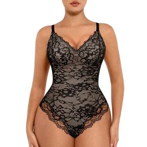 FeelinGirl Bodysuits for Women Shapewear Tummy Control Lace V-Neck Body Suits Tops Backless Body Shaper Black XL