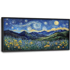 Starry Floral Night Wall Art Van Gogh Style Pictures Wall Decor Landscape Large Master Over Above Bed Canvas Prints Horizontal Modern Artwork Painting Home Office Decorations For Bedroom 30"x60" (Flowers)