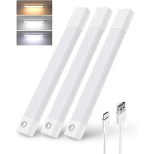 EZVALO Under Cabinet Lighting, Wireless Closet Lights, 50 LED Rechargeable Motion Sensor Light, Dimmable, 3 Color Temperatures, 11.8 inch Counter lights for Kitchen, Pantry, Bedroom, Wardrobe (3 Pack) (White)