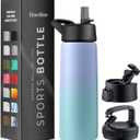FineDine Triple Walled, Insulated Water Bottles with Straw - 25 Oz Stainless Steel Metal Bottle W/ 3 Leak Proof Lids - For Travel, School, Sports, Gym/Men, Women & Kids - Powder Steel Blue