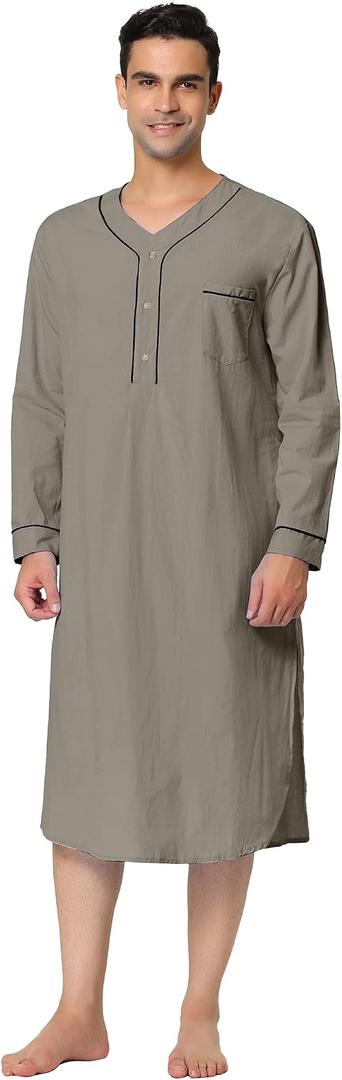 Lars Amadeus Men's Nightshirt Sleepwear Long Sleeves Comfy Henley Sleep Shirts Nightgown (Gray, L)