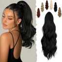 FELENDY 16" Ponytail Extension Long Curly Wavy Ponytails Clip in Claw Hair Extension Pony Tails Natural Looking Synthetic Hairpiece for Women Dark Black