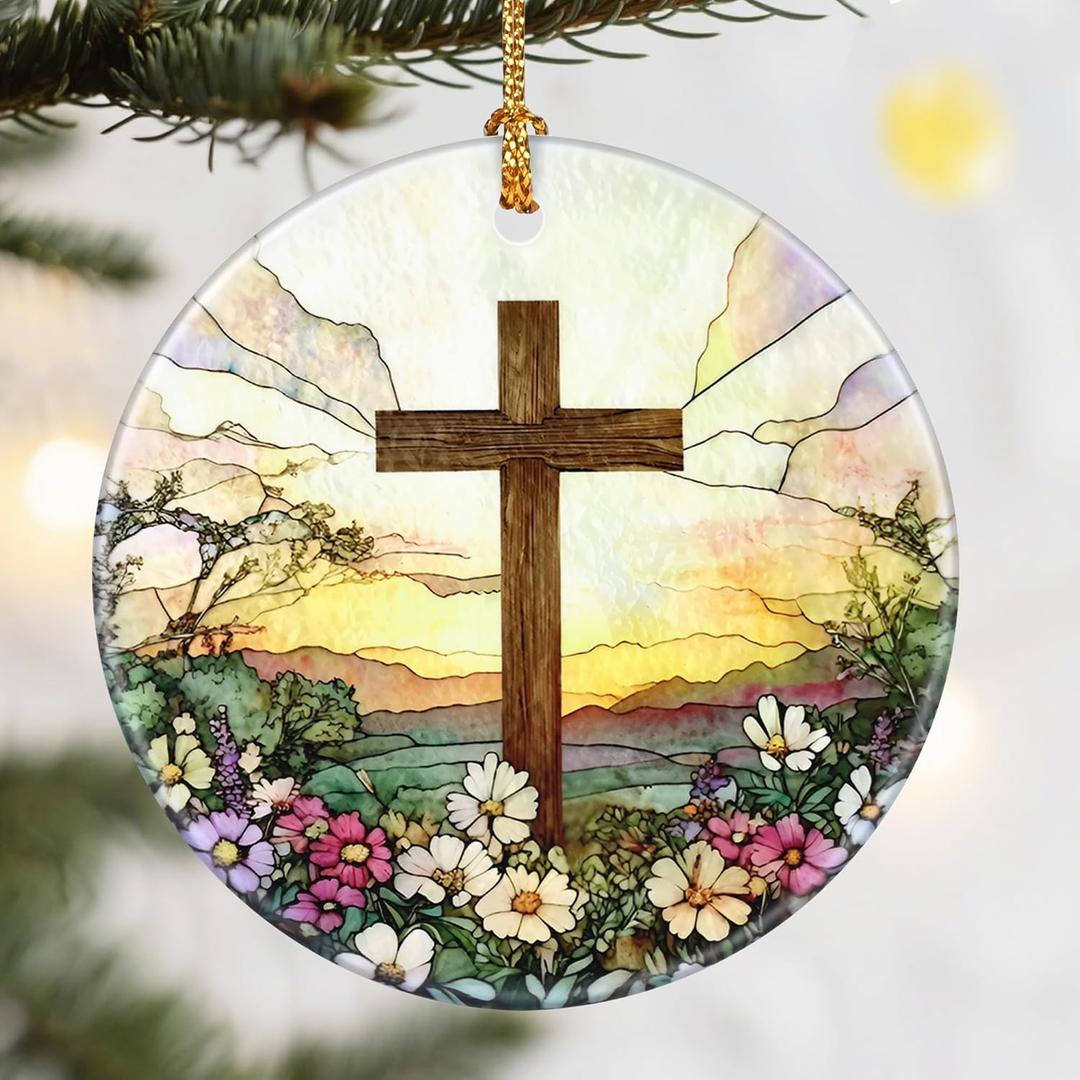 Christmas Ornaments, Dodosky 2.8in Ceramic Xmas Decor, Christmas Tree Ornaments, Xmas Decorations for Tree, Holiday Ornament, Cross Home Decor, Gift Ideas, Cross Gifts for Religious, Christian Gifts