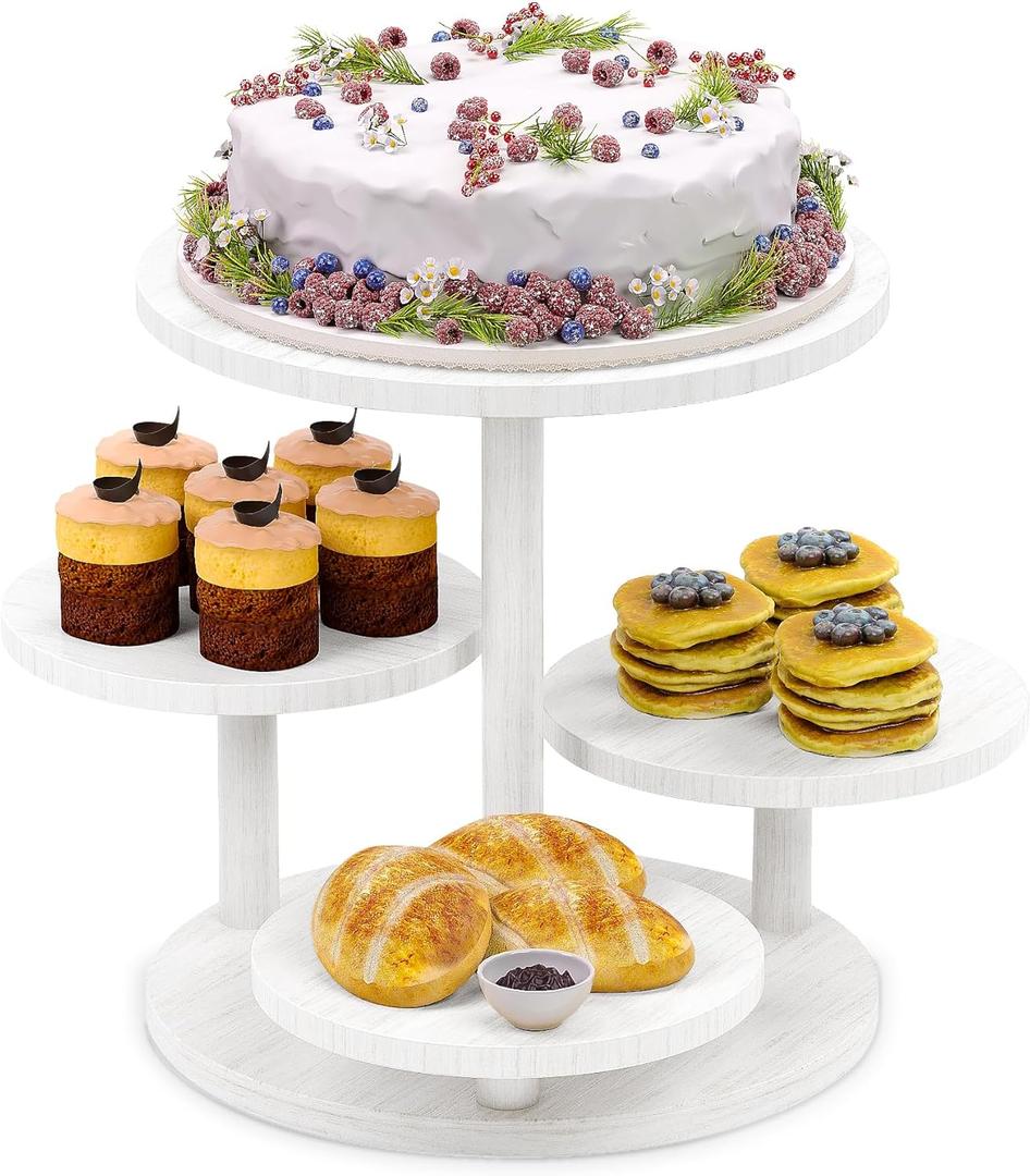 HURZMORO 4 Tier Round Cupcake Tower Stand for 50 Cupcakes,Wood Cake Stand with Tiered Tray Decor,Farmhouse Tiered Tray Decor,Cupcake Display for Birthday Graduation Baby Shower Tea Party,White