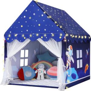 Wilwolfer Space Kids Tent Indoor: with Mat, Star Lights - Kids Play Tent Space Themed Bedroom Decorations Astronaut Toys Rocket Ship Toys (Blue)