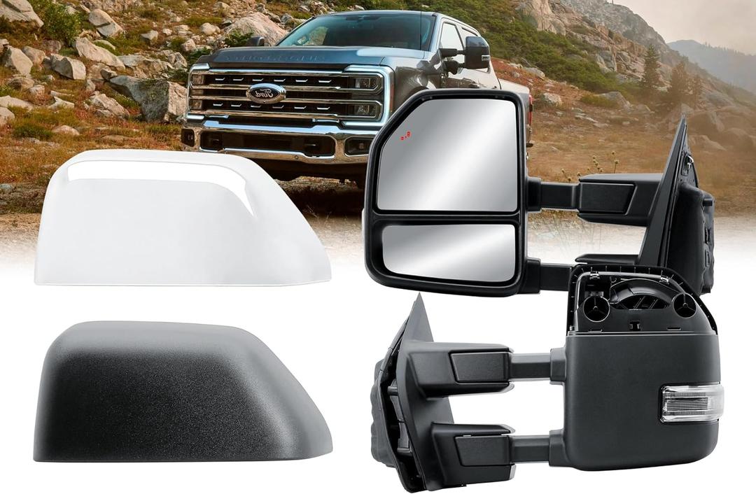 Driver Left Side Towing Mirror Electric Heated Glass Turn Signal Light Puddle Light and BLIS with Chrome and Textured Black Cap Manual Folding Manual Telescope for 21-25 Ford F-150 250 350 450 550