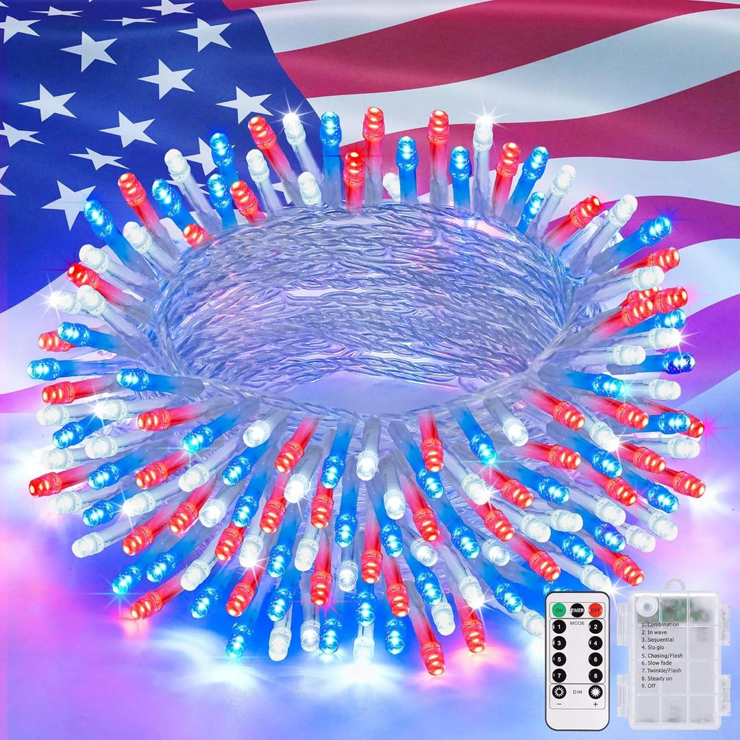JMEXSUSS 33ft 100 LED Red White and Blue Lights Outdoor, 4th of July Lights Battery Operated with Remote, 8 Modes Patriotic Decorations for Indoor Outside Independence Day American Flag Holiday