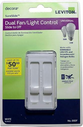 Leviton 3001337 Decora Sureslide Fan & LED Dimmer Slide Switch, White
