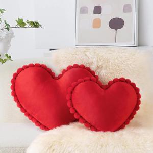 AELS Heart Shaped Pillow, Set of 2, Velvet Throw Pillows, Soft Velvet Love Pillows with Faux Fur Pom Poms, 20 & 16 Inches, Cute Valentines Day Decorations, Wedding Decor, Red