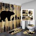 Camille&Andrew 4PCS/Set Black Rustic Bear Shower Curtain, Country Farmhouse Mother Bear & Cute Baby Bears Wild Animal Bathroom Decor, Soft Fabric Bath Curtain, Non-slip Bathroom Mat Bath Rugs, Style 3