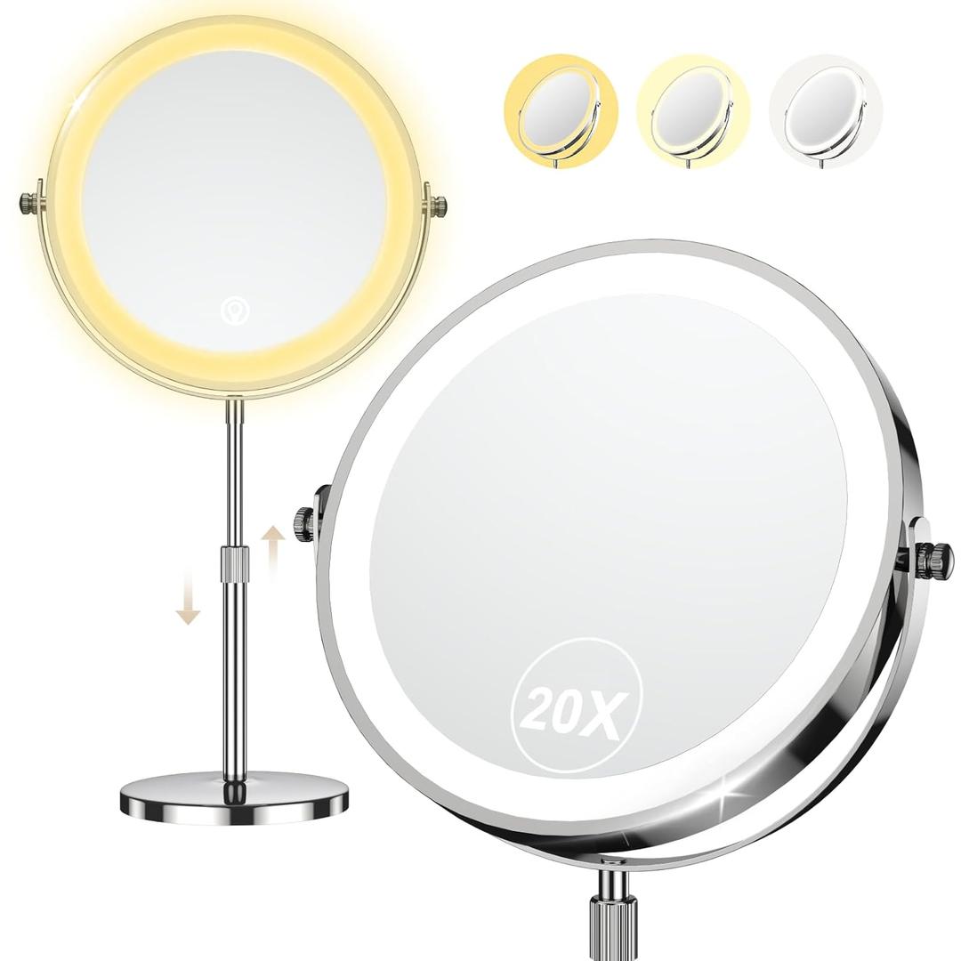 9" Makeup Mirror with Lights, 20X Vanity Mirror with Lights,3 Color Height Adjustable Lighted Makeup Mirror with Magnification, 5000mAh Rechargeable 360 Double Sided LED Mirror for Desk, Women Gift (Chrome)