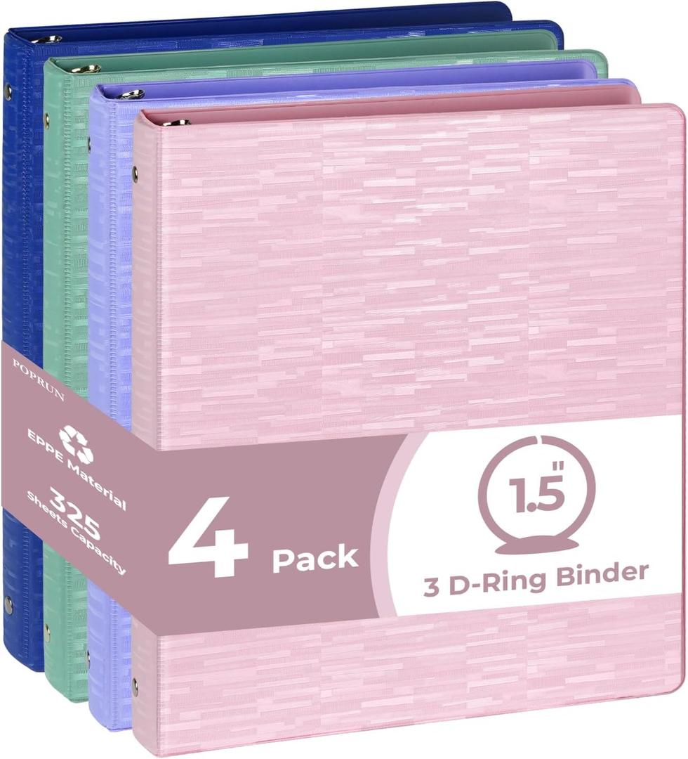 POPRUN 3 Ring Binder 1.5 Inch, PVC-Free, Holds 325 Sheets of 8.5 x 11 Paper, Extra Durable Organizer with 2 Pockets for School & Office, Heavy-Duty, 4 Pack, Multicolor