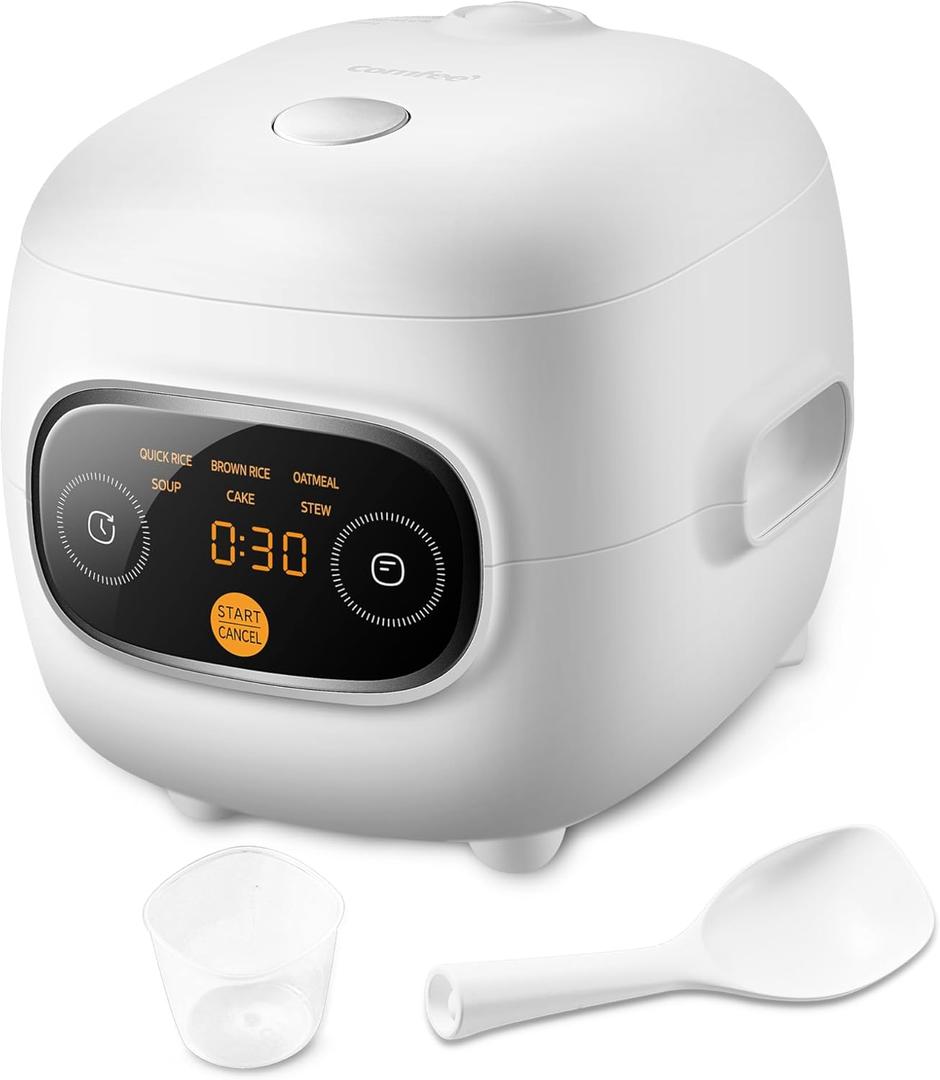 COMFEE' Mini Rice Cooker 4 Cups Cooked/2 Cups Uncooked, Portable Non-Stick rice maker, 24 hours Timer Delay, 6 Functions, Fast Cooker, Brown Rice, Oatmeal, White (2 Cups_Electronic White)