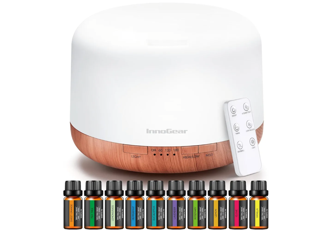 InnoGear Aromatherapy Diffuser & 10 Essential Oils Set, 500ml Essential Oil Diffuser with Remote Control Ultrasonic Cool Mist Scent Humidifier Vaporizer Auto-Off Timer for Room Office Home