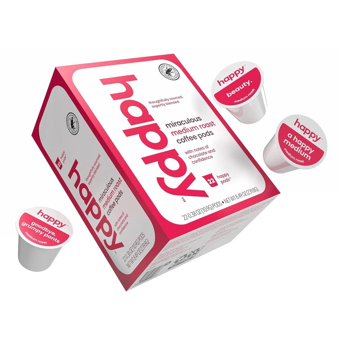 happy coffee medium roast coffee pods, 22 count, notes of chocolate & confidence, compatible with most K-cup brewers, rainforest alliance certified (EXP 05/15/26)
