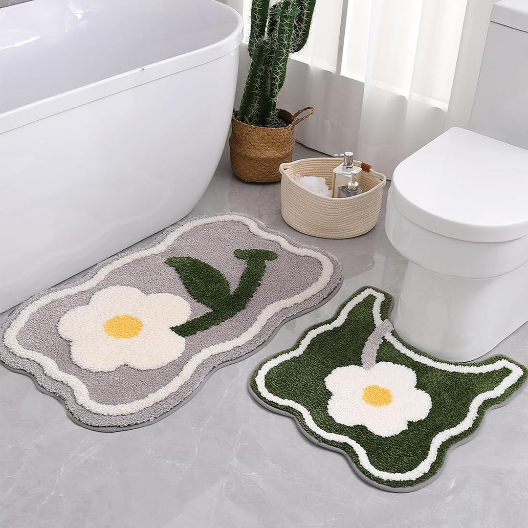 Bathroom Rug Set 1  Piece, Soft Cute Bath Mat and U-Shaped Contour Toilet Rug, Absorbent Microfiber Plush Bath Rug Set, Non-Slip Bath Carpet Machine Washable, 32x20 Plus 22x20 inches