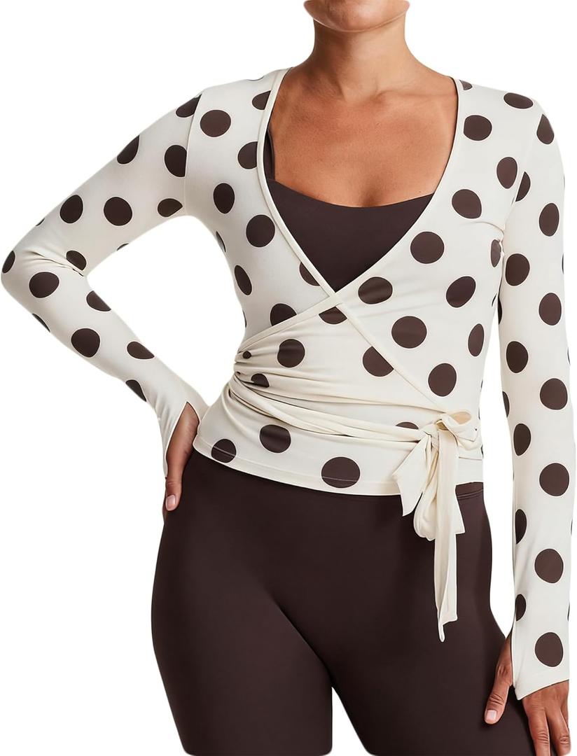 Polka Dot Wrap Top for Women Workout Ballet Self Tie Long Sleeve Wrap Shirt Deep V Neck Pilates Yoga Tops (Small)