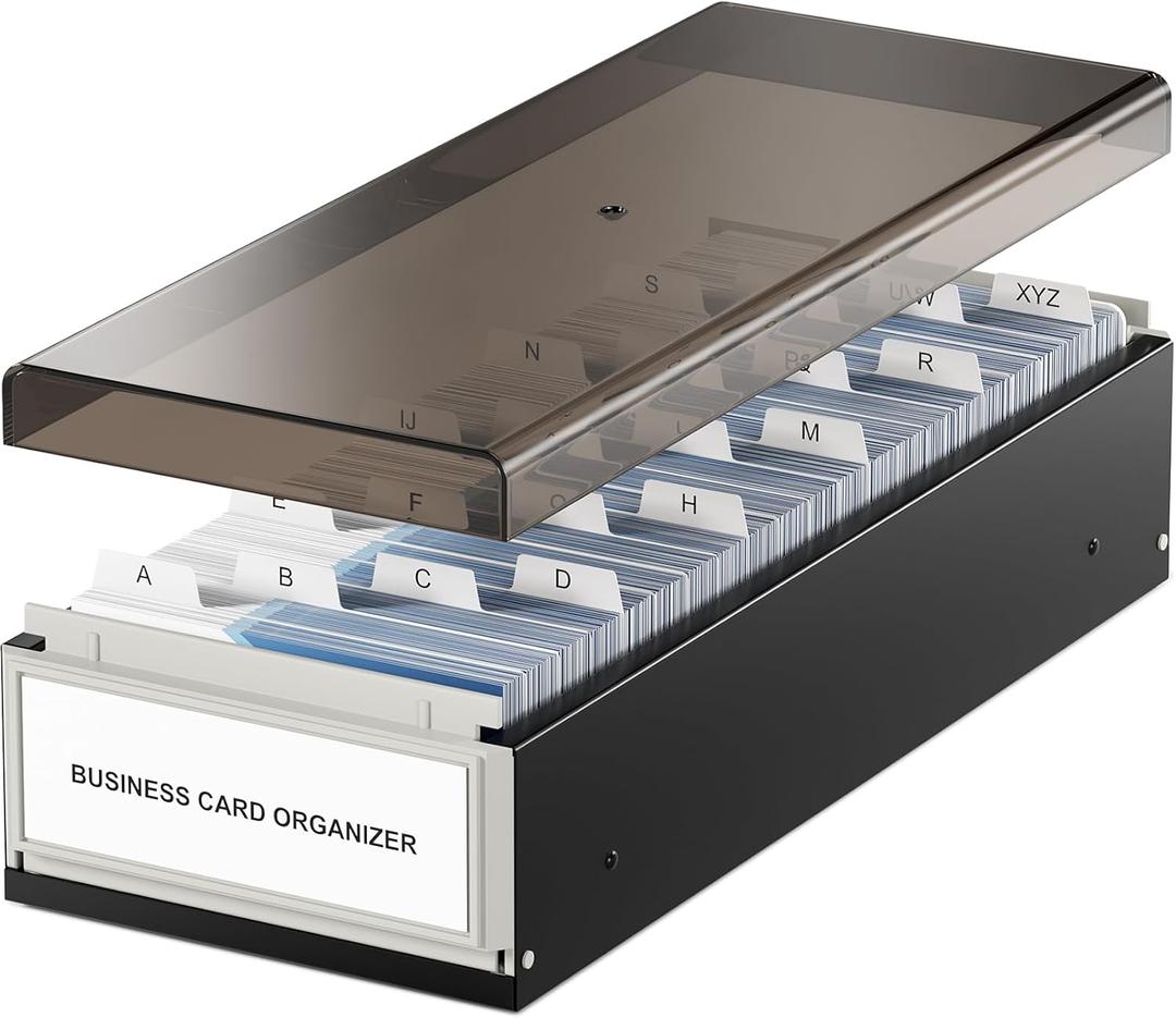 MaxGear Business Card Holder for Desk, Large Plastic Business Card Organizer Box, Credit Cards Holder File Box Storage, Capacity: 800 Cards (3.5 x 2.2), A-Z Tabs, Metal Structure, Black