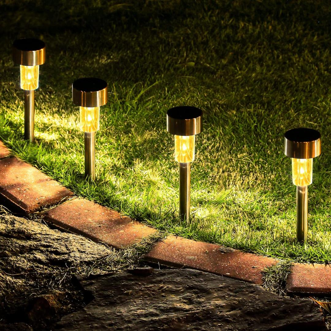 GIGALUMI 16 Pack Solar Path Lights Outdoor,Solar Lights Outdoor Waterproof,Stainless Steel LED Landscape Lighting,Solar Garden Lights for Driveway,Pathway,Patio,Yard (Warm White)