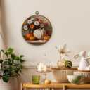 DILSJ Fall Pumpkin Round Wall Art Decor, Farmhouse Harvest Autumn Pumpkin Floral Canvas Wall Art Framed, Vintage Fall Hanging Decorations for Home Bedroom Living Room, 10x10 Inch
