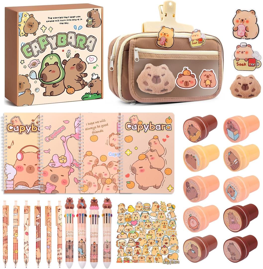 Adorable Capybara Stationery Set, Girls' Stationery Set Includes Pencil Case, Multi-Color Pens, Stickers, Pins, Notebook, Stamps. Perfect Cute Birthday Gift for Kindergarten and Elementary School.
