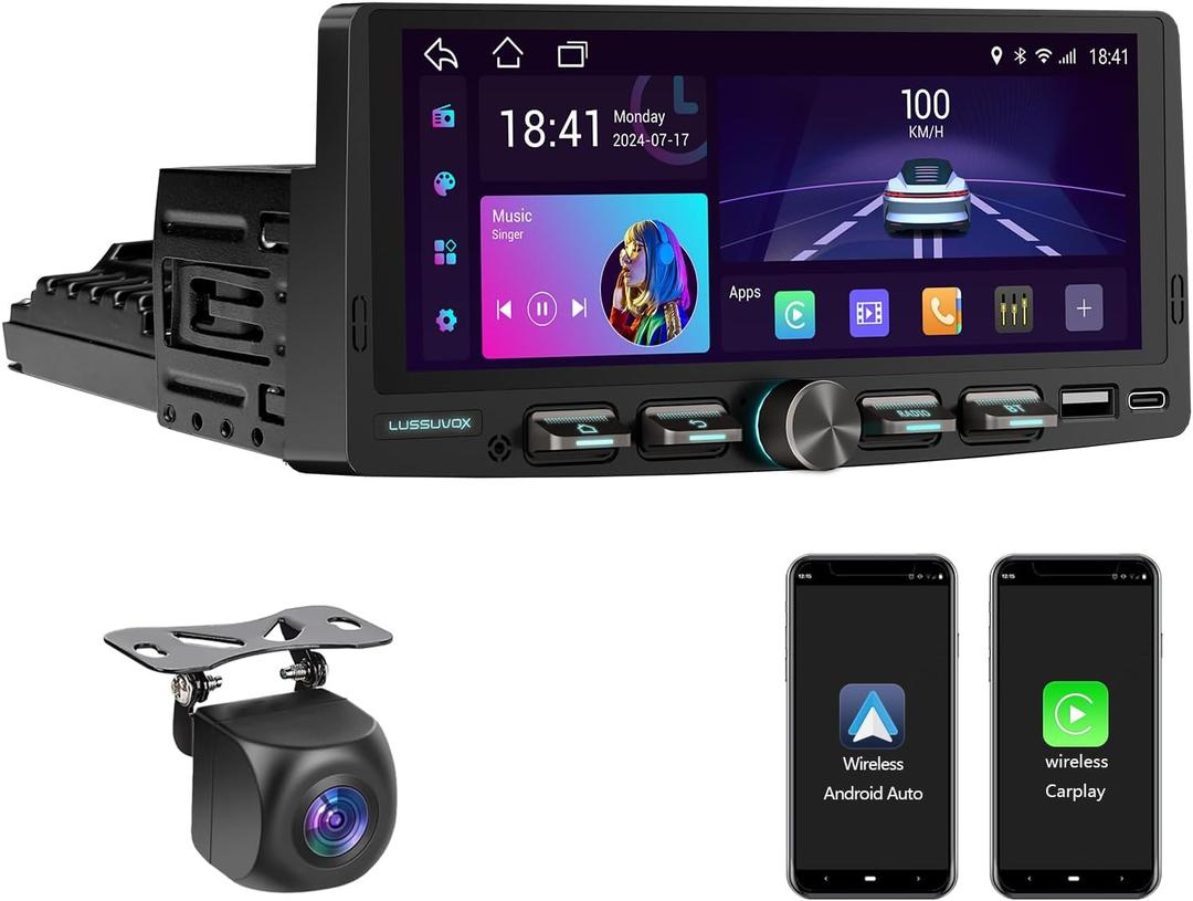 Android System Single Din Car Stereo, 2G+32G Wireless CarPlay & Android Auto, Touchscreen Car Radio with Backup Camera, GPS Navigation, WiFi, Bluetooth, SWC, DSP (Black)