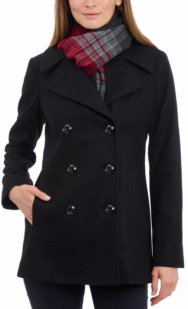 NWT London Fog Womens Pea Coat Black L with Scarf Wool Double Breasted Buttons