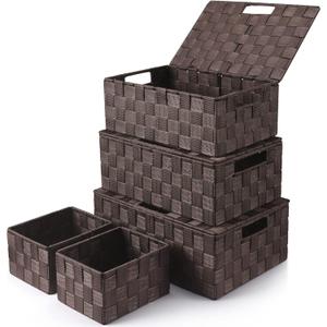 Storage Bins Baskets for Organizing with Lids, Storage Baskets for Shelves Stackable Woven Basket, Gift Small Basket Storage Cubes, Decorative Wicker Basket with Built-in Handles (5 Pack, Brown)