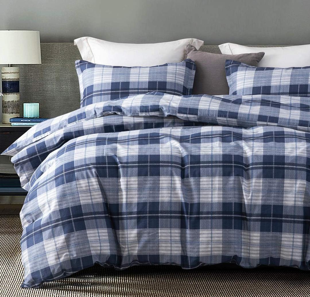 SLEEPBELLA Comforter King Size, 600 Thread Count Cotton Navy Blue & Grey Buffalo Pattern Blue Plaid Comforter Sets, Down Alternative Bedding Set 3Pcs (King, Navy Plaid)