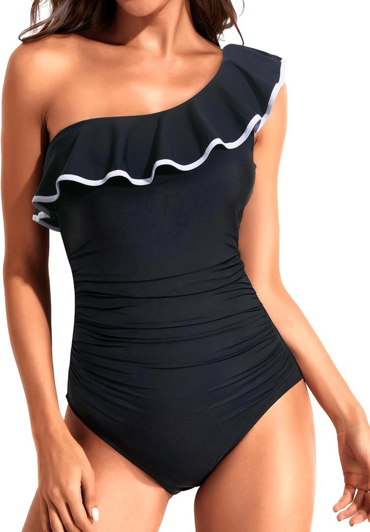 Tempt Me Women One Piece Swimsuits Tummy Control One Shoulder Bathing Suits Ruffle Swimwear (X-Large, Black White New)