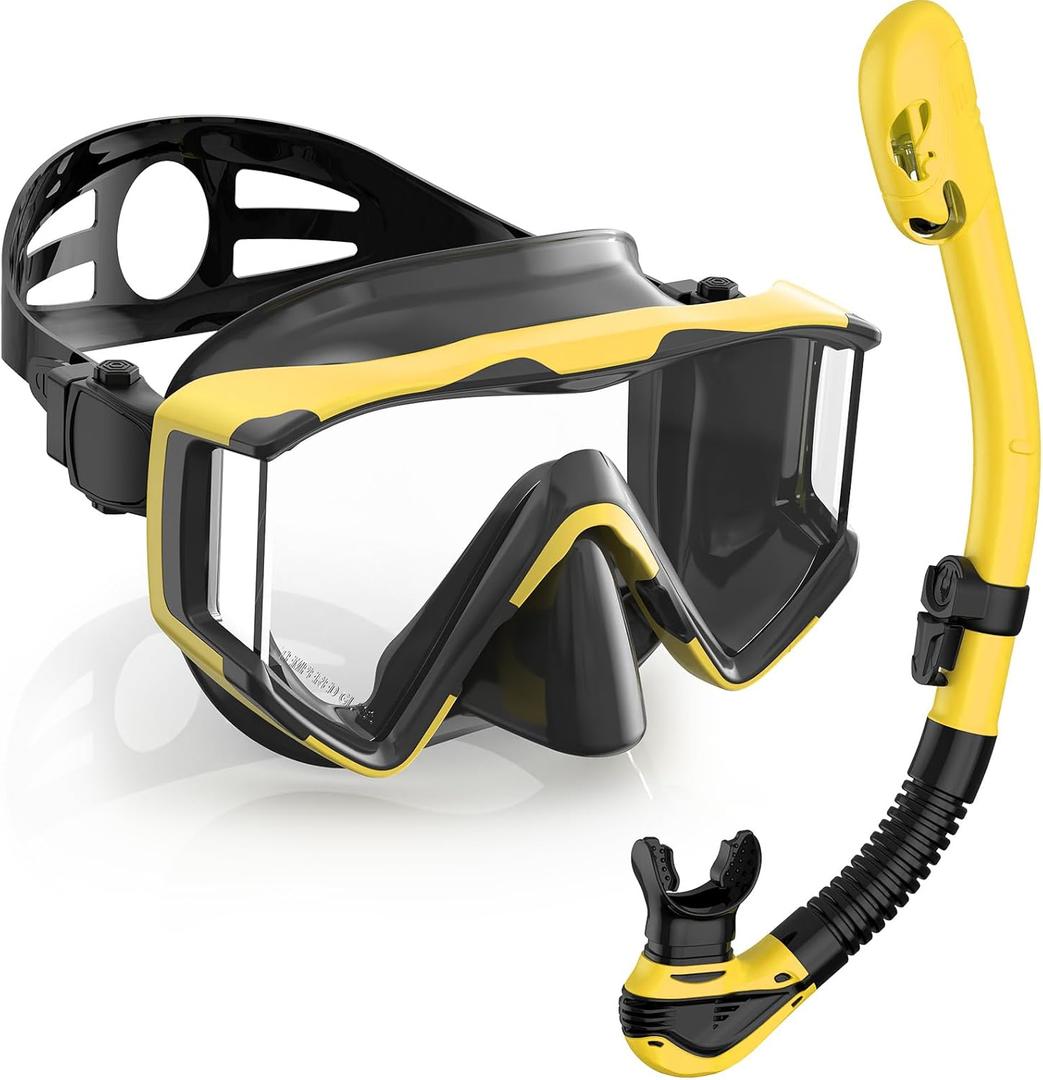 Greatever Snorkel Set Pano 3 Window Snorkel Mask Adult, Panoramic Wide View, Anti-Fog Scuba Diving Mask, Anti-Leak Snorkel Goggles Dry Top Snorkel, Professional Snorkeling Gear for Adults (Black Yellow)