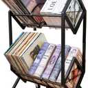 Vinyl Record Storage Rack, 2 Tier Record Organizer with Wheels, 200 LP Albums Storage Rack Shelf, Metal Records Display Shelf Organizer for Magazines, Books, Office Files, Black