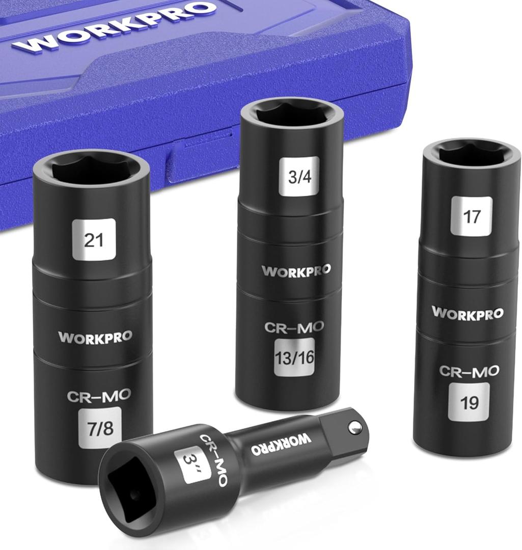 WORKPRO 4PCS Impact Socket Set 1/2" Drive, Lug Nut Socket Set, Wheel Socket Set Cr-Mo Steel, Includes 1PC 3" Extension Bar & 3PSC Flip Sockets of 6 Metric and SAE Sizes