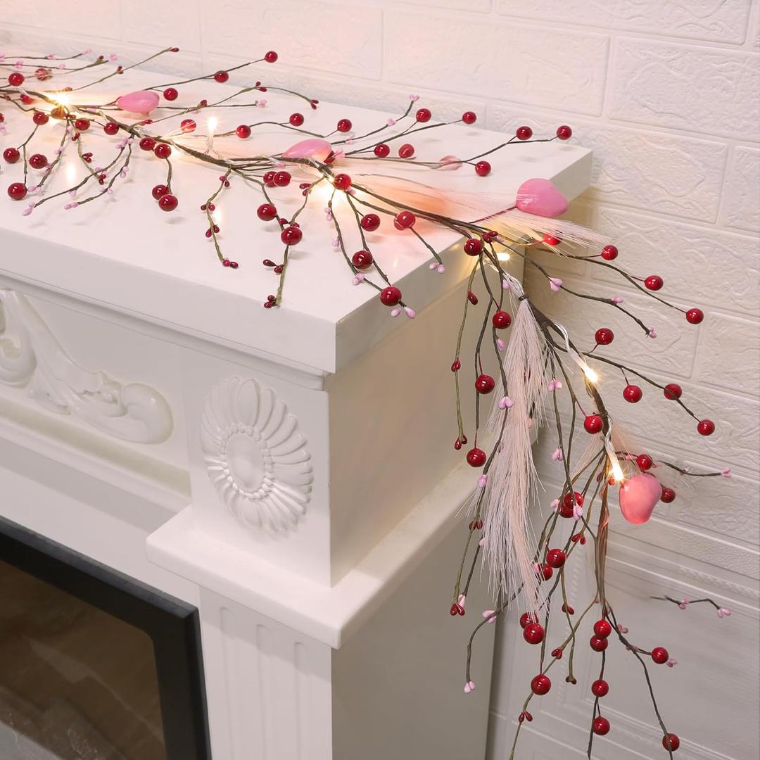 DR.DUDU Valentines Garland, 6 FT Lighted Garlands for Mantle with Heart Lights Pink Feather Red Berry, Pre-lit Valentine Decorations for Fireplace Indoor Outdoor Home Table Party Wedding