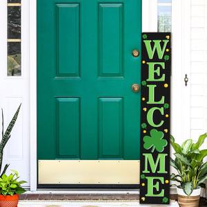 St. Patrick's Wooden Welcome Sign Vertical Porch Sign - Shamrock Lucky Coin Wooden Wall Art Sign for St. Patrick's Day Standing Hanging Home Front Door Wall Yard PartyIndoor Outdoor Decoration,-47.2"H